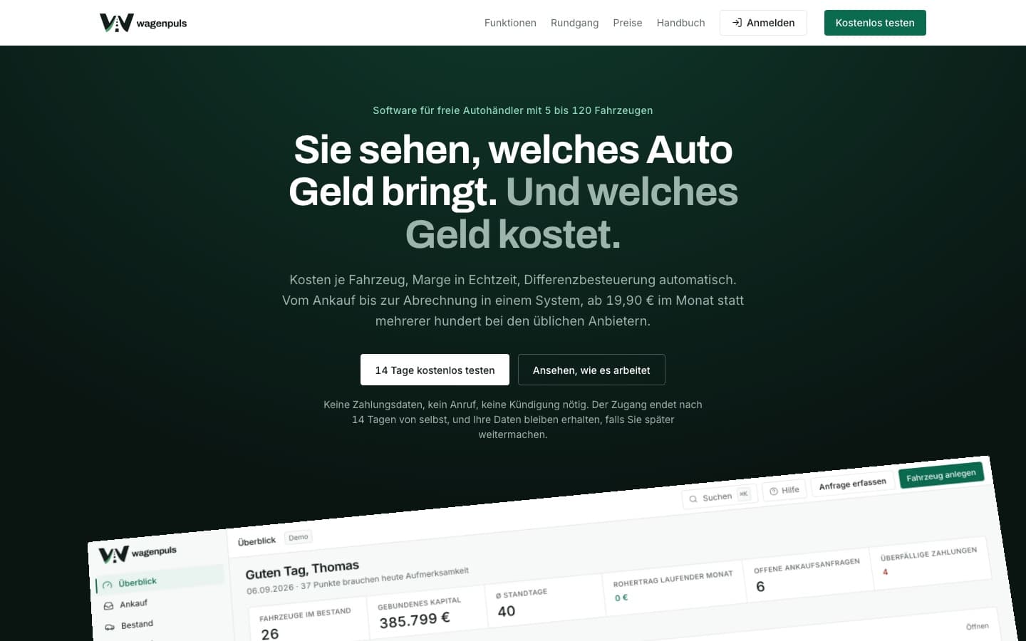 Landingpage von wagenpuls, der Software für freie Autohändler, mit Überschrift und Vorschau des Überblicks