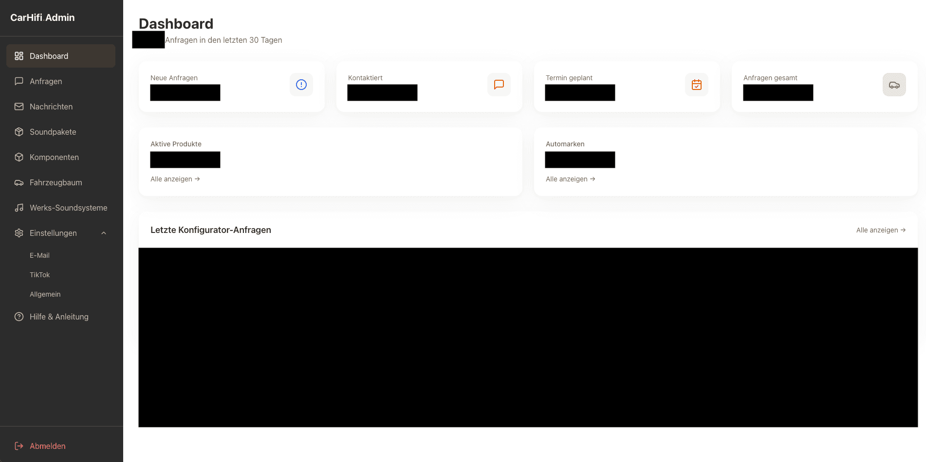 Backend von CarHifi Herford mit Fahrzeug-Datenbank, Soundpaketen und Bestellübersicht.