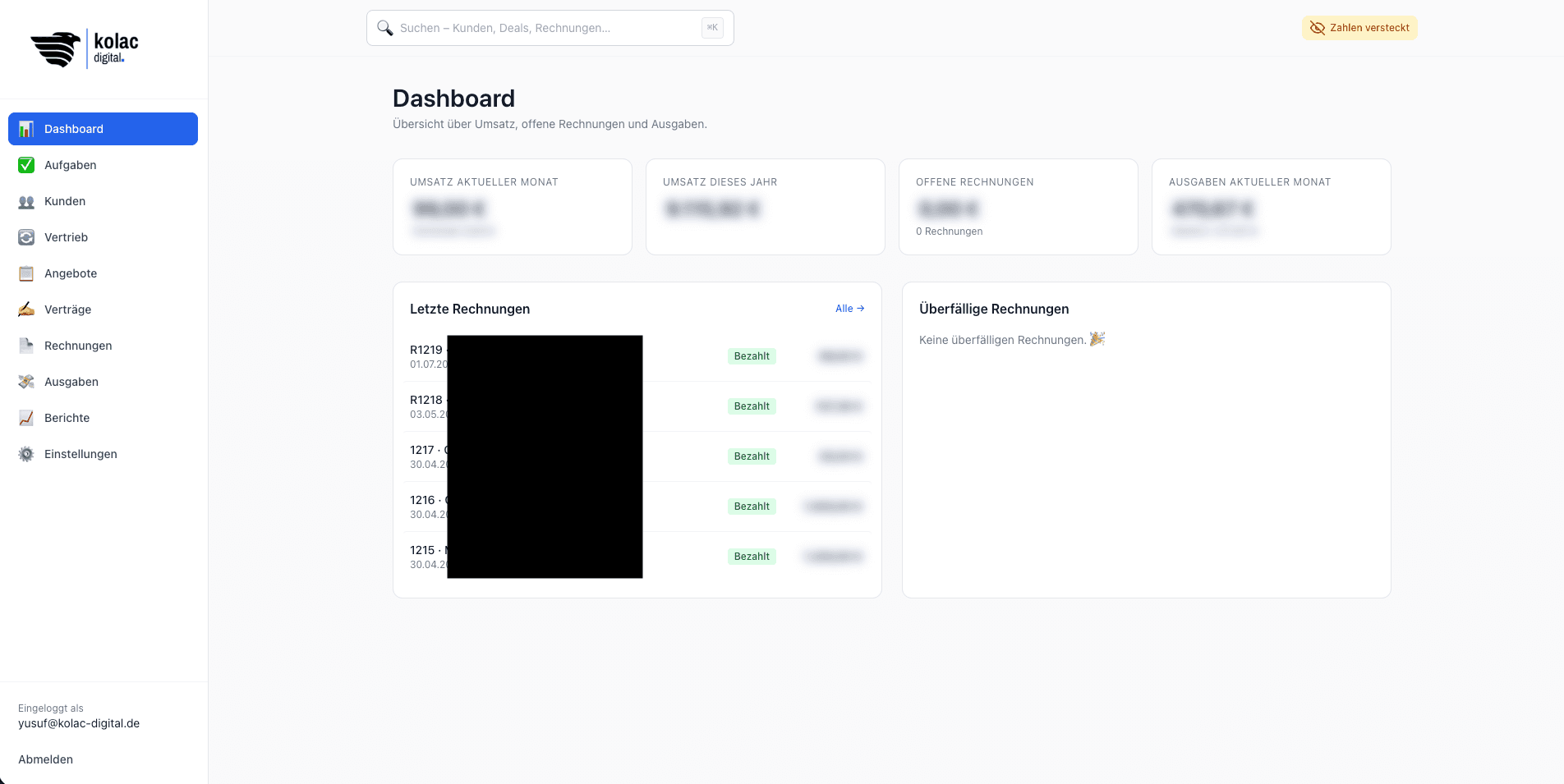 Kolac Digital Dashboard mit Kunden, Vertrieb, Rechnungen, Verträgen, Ausgaben und UStVA-Übersicht.