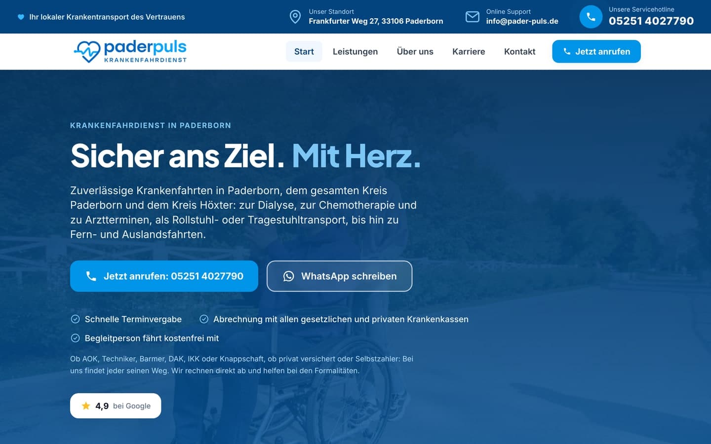 Neue Webseite von PaderPuls Krankenfahrdienst aus Paderborn: Startseite mit Servicehotline, Leistungen und Google-Bewertung